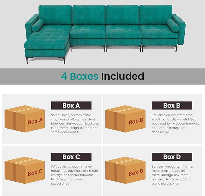 Giantex 128 Extra-Large 4 Seat Sofa Sectional Couch with USB Ports 3-Hole Socket Storage Box Magazine Pocket L-Shape Modular Sleeper w/Convertible Chaise Lounge Bolsters Family Living Room