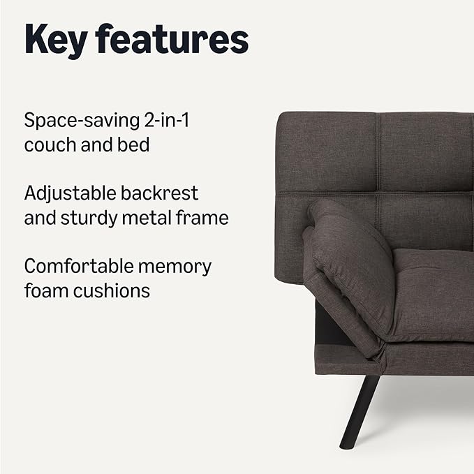 Amazon Basics Futon Sofa Bed Convertible Memory Foam Sofa Couch with Adjustable Positions for Small Living Room Office Apartment Dark Grey Linen Fabric