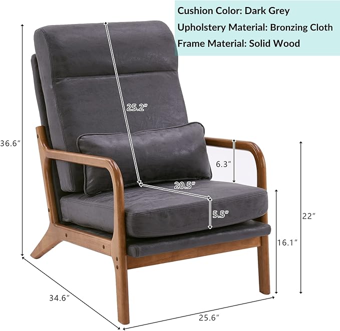 JOYBASE Mid Century Modern Lounge Chair - High Back Wooden Frame Comfortable Reading Chair for Living Room Office Bedroom (Dark Grey Bronzing Cloth)