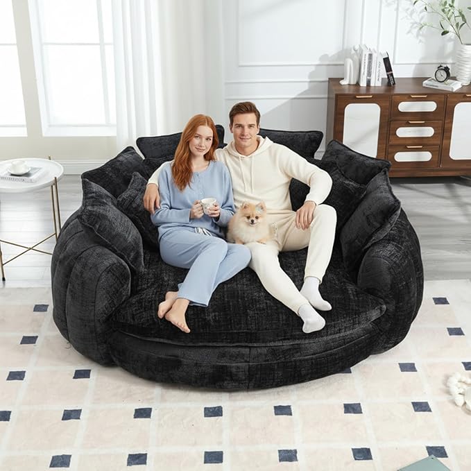 81 Oversized Round Sofa Bed Large Chenille Bean Bag Chair No Assembly Required Cloud Couch Fluffy Plush Chaise Lounge Chair Indoor Modern Sleeper Sofa with Deep Seat for Living Room (Black)