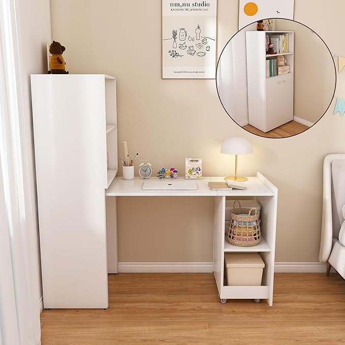 Leavader 50 Small Gaming Desk with with Mobile Wheels Stretchable White Computer Desk Hutch Desk with 4 Storage Shelves Foldable Home Office Desk Suitable for a Variety of Places Small Apartment