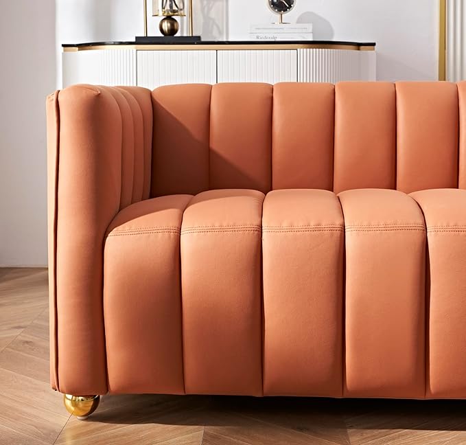 Direct Glam Fabric Upholstered Solid Wood Frame 82.7 Art Deco Sofa for Living Room Office Sophisticated 3 Seater Couch Orange