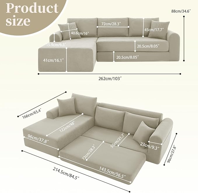 KBQ Modular Sectional Couch in a Box 103 L Shaped Boneless Cloud Couch with Deep Seat Convertible Sofa Bed for Living Room Bedroom Apartments No Assembly Required Beige Left Facing Chaise