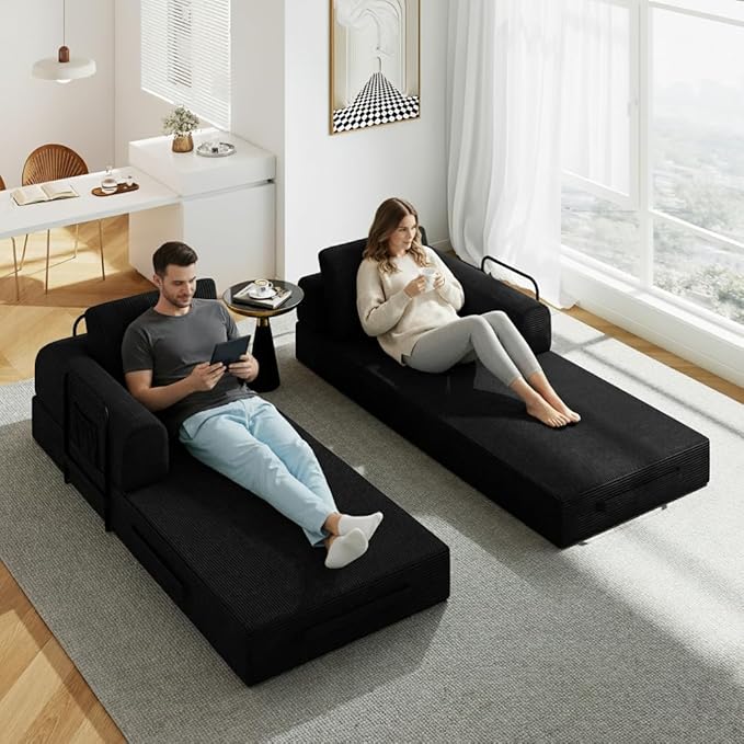 Convertible Sofa Bed 5-in-1 Pull-Out Futon Boneless Couch for Living Room &amp Guest Room Corduroy Sleeper Sofa with Steel Support Brackets 78.7 3-Seater with 2 Pillows (Black)