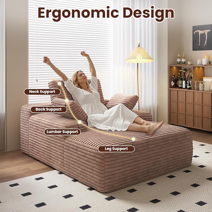 Oversized Chaise Lounge Chair Indoor 67'' Corduroy Boneless Sofa Bed Modern Upholstered Deep Seat Sleeper Couch for Living Room Movie Room Apartment Small Space No Assembly Brown
