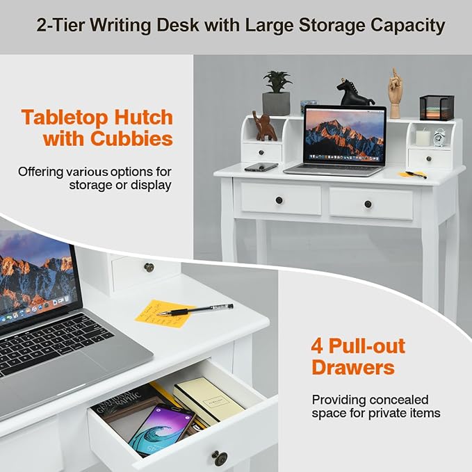 Byroce Small Writing Desk with Removable Hutch 2-Tier Vanity Table with 4 Drawers 3 Cubbies &amp Pine Wood Legs Study Computer Desk for Bedroom Home Office (White)