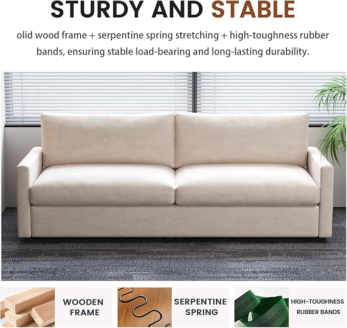 Modern Beige Fabric Loveseat with Deep Seating Soft Cushions Minimalist 2-Seater Sofa for Office Living Room or Bedroom Easy Assembly Couch for Small or Large Spaces