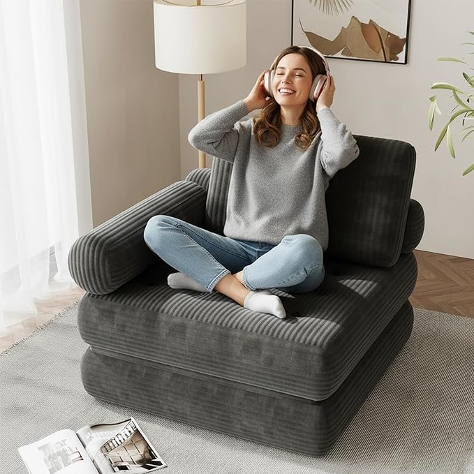 35 Folding Sofa Bed 5-in-1 Convertible Sleeper Chair Floor Mattress with Removable Armrest Boneless Couch in a Box Fold Out Futon Lounge Chair Bed for Dorm Bedroom Small Space - Grey Single