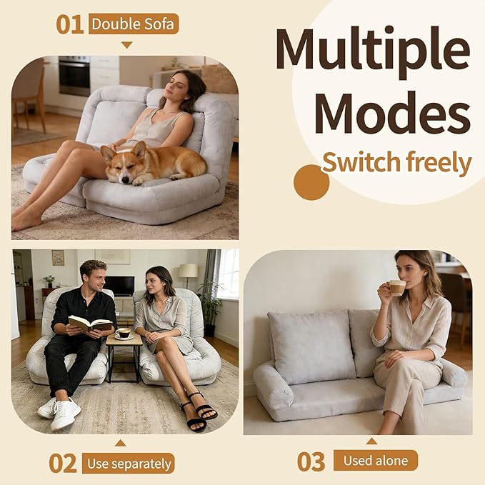 Convertible Fold-Out Lazy Sofa Bed - Adjustable Human Dog Bed for Adults Plush Upholstered Adjustable Sofa Couch with 18-Position Backrest 2-Person Floor Sofa Bed Space Saving Design (Double)