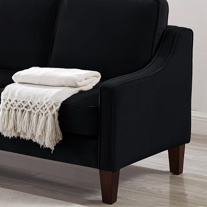 Velvet Upholstered Sofa with Wooden Legs3 Seater Couch with Removable Cushions for LivingroomApartmentOfficeBlack