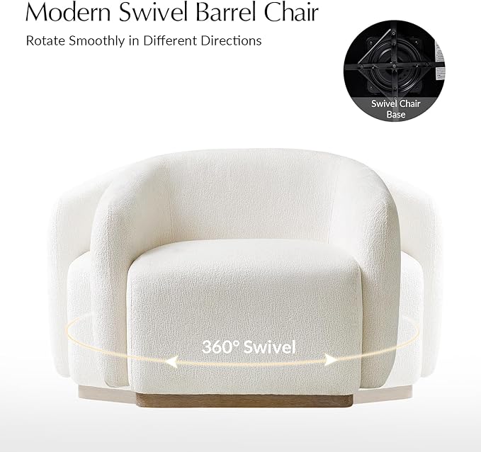 HULALA HOME Swivel Accent Chair with Solid Wood Base Chenille Curved Swivel Barrel Chair Modern Club Armchair Upholstered Single Sofa for Living Room No Assembly Required Ivory