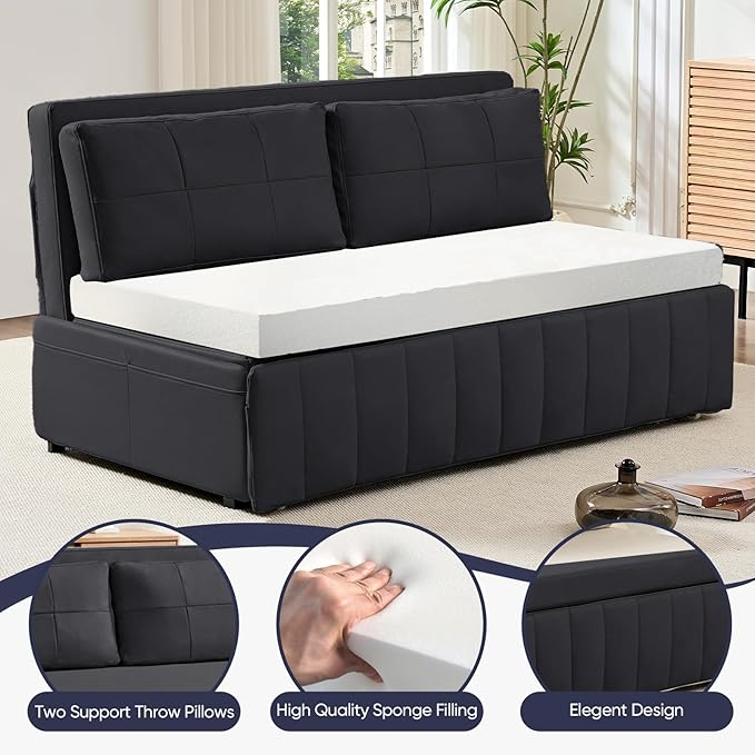 ijuicy 3 in 1 Queen Size Pull Out Sofa Bed Leathaire Sleeper Sofa with Pullout Bed Convertible Loveseat Couch with Pillows and Tri-fold Mattress for Small Spaces Apartment Dark Grey