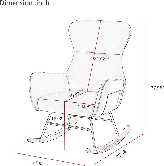 Modern Teddy Fabric Accent Rocking Chair Nursery Upholstered Rocker Glider Chair with High Backrest and Side Pockets for Living Room .(Cream White Teddy Fabric)