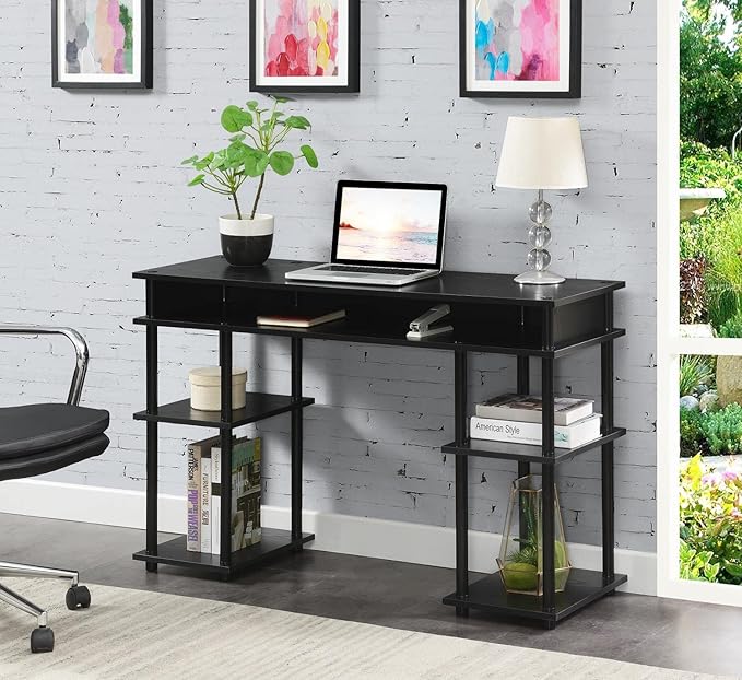 Convenience Concepts Designs2Go No Tools Desk Home Office Desk with Shelves Corner Shelf Vanity Desk Computer Desk Nail Table for Nail Tech - 47.25 L x 15.75 W x 30 H Black/Black