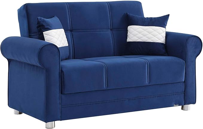 Sweet Home Stores 61 Loveseat with Storage Firm Fabric 2 Seater Convertible Small Sleeper Couch Bed for Living Room or Home Office Blue