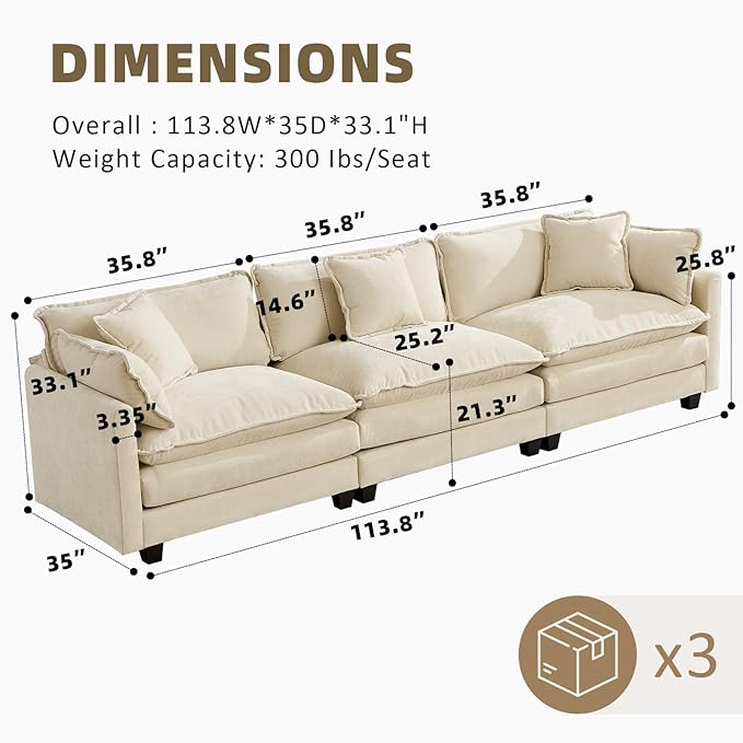 111.5” Modular Sectional Sofa Convertible Couches 3 Seater Chenille Deep Seat Cloud Couch with Pillows for Living Room Apartment Office(Beige)