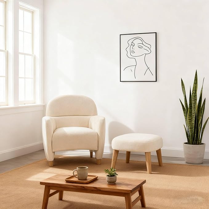 Modern Barrel Chair with Ottoman Upholstered Armchair with Wooden Legs Backrest Single Sofa Soft Cushion Seating Comfy Lounge Chair for Living RoomBedroomReading Corner (White)