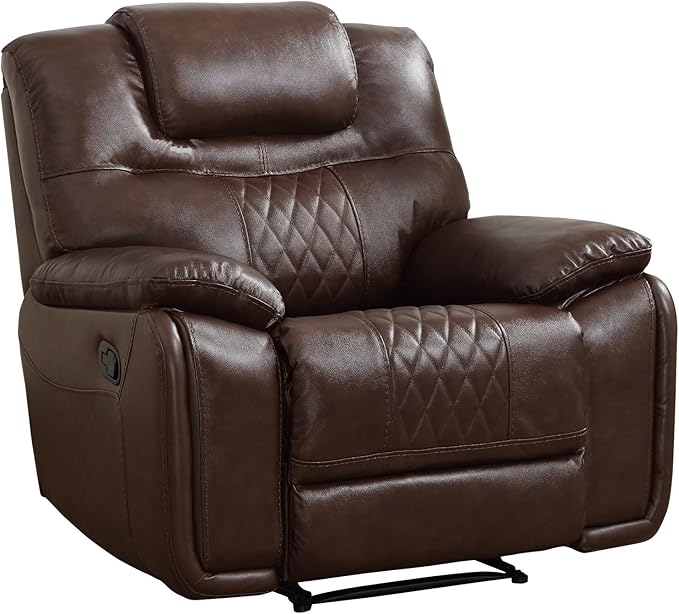 EBELLO Manual Recliner Chair Genuine Leather Reclining Sofa Chair Couch for Living Room Bedroom Furniture Meeting Room Single Couch with Comfortable Armrest and Backrest Brown
