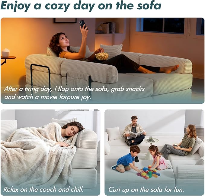 10-in-1 Folding Convertible Sofa Bed 141 Inch Boneless Couch with Fixed-Shape Frame Corduroy Modular Sectional Sofa Mattress Sleeper Sofa Floor Sofa Futon Couch for Living Room (Beige)
