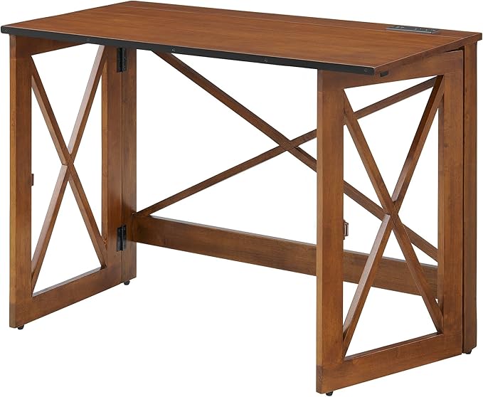 MECO Stakmore 110 Volt Stylish Versatile Expandable Folding Desk with Built in Outlets for Home Office Den or Living Room Fruitwood