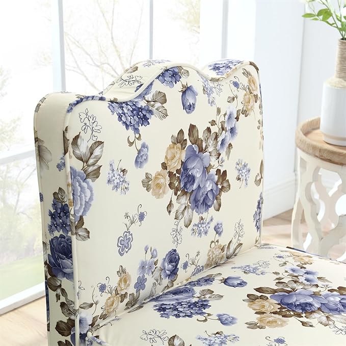 Polibi Retro Single Chair with Flower Pattern and Wave-Shape Edge Flannel Upholstered Armless Sofa Chair with Seat Cushion and Pillow for Living Room Bedroom Blue Flower