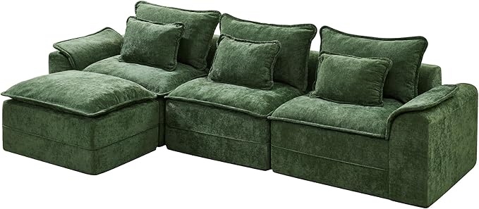 Hobestluk 120 Cloud Modular Sectional Couch 3-Seater Sofa with Ottoman L Shaped Sofa with Removable Cover Large Sofa Couch for Living Room (Green 3-Seater Sofa with One Ottoman)