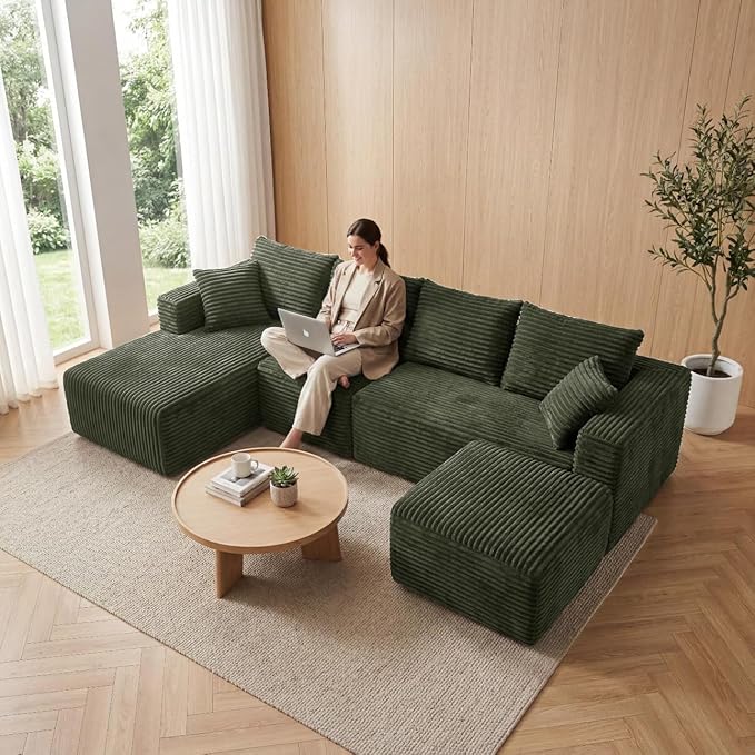 118 Modular Sectional Sofa with Chaise and Ottoman Oversized U-Shaped Corduroy Cloud Couch Deep Seat Boneless Couch for Living Room No-Assembly - Green (Left Facing Chaise)