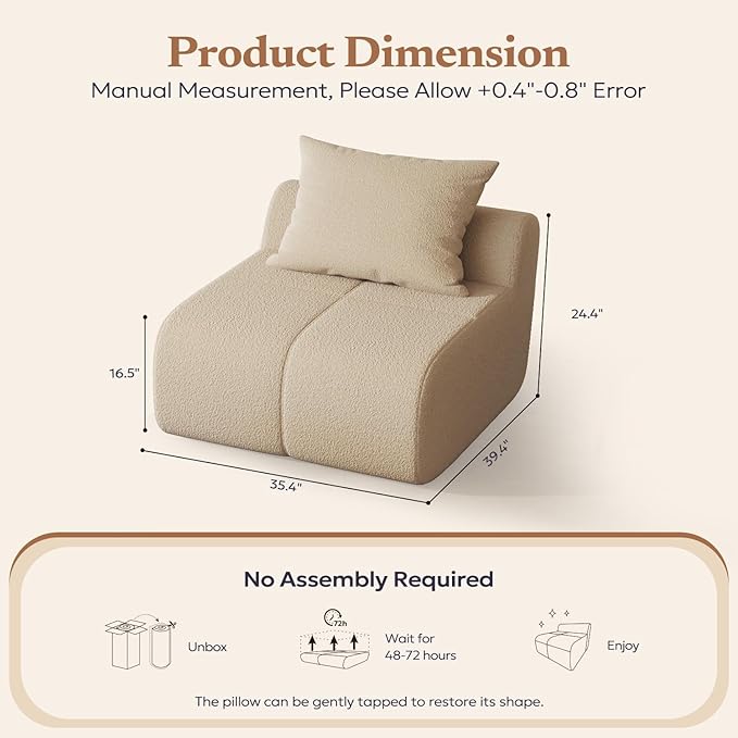Cloud-Loaf Armless Middle Chair Single Modular Sofa Extension Piece Boneless Memory Foam Slipper Chair Deep Seat Floor Couch Component for Living Room No Assembly Beige