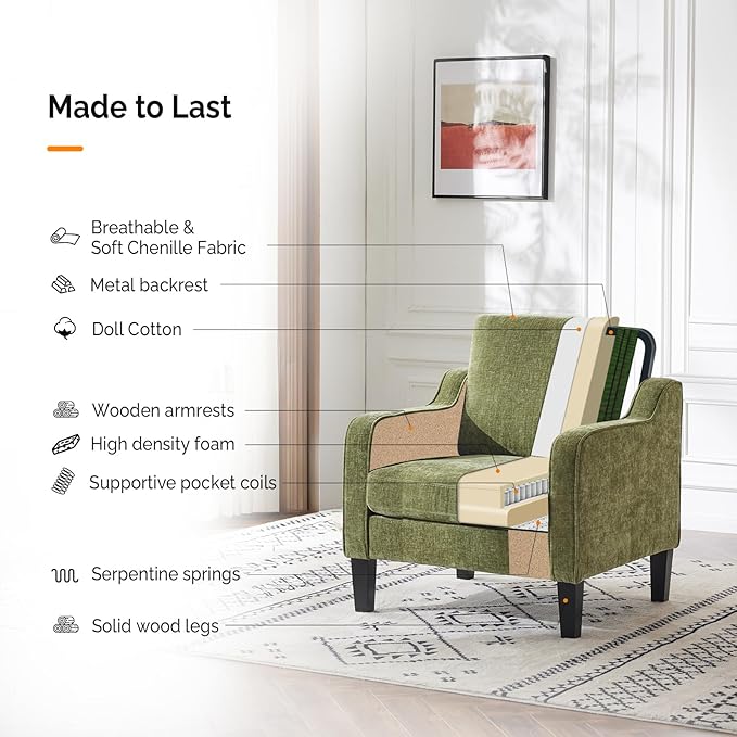 VINGLI Chair Olive Green Upholstered Chenille Accent Chair for Living Room Bedroom Mid-Century Modern Arm Chair Comfy Reading Chair with Scooped Arms