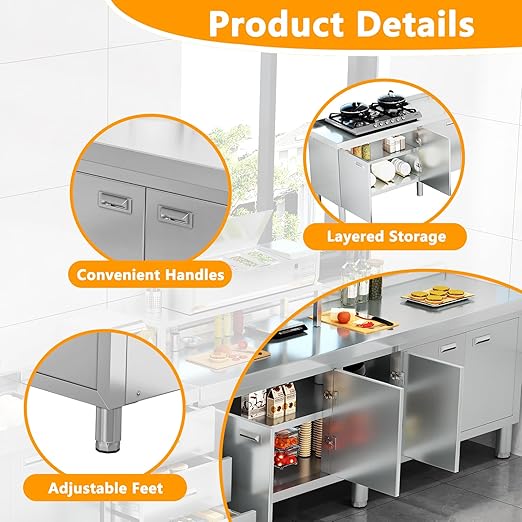 WWK 70 x 21 Stainless Steel Table with Cabinet Commercial Kitchen Table for Prep &amp Work Heavy Duty Work Cabinet with 5 Doors for Outdoor Kitchen Restaurant Hotel Garage and Cafe