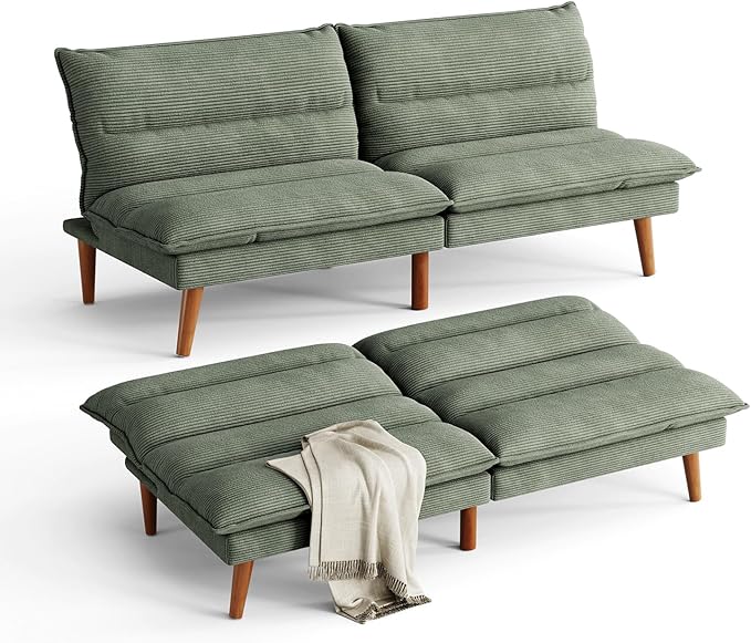 LINSY Futon Sofa Bed: Corduroy Futon Couch with Adjustable Backrest Comfy Loveseat Convertible Folding Sleeper Sofa Couches for Small Spaces Living Rooms Apartment Office Green
