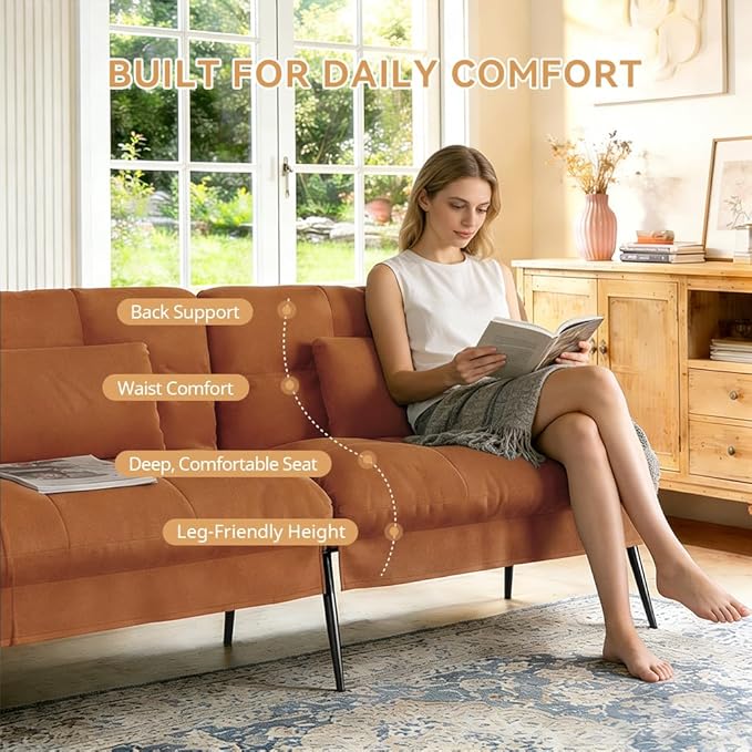 COMHOMA 72″Futon Sofa BedModern Convertible Sleeper Sofa Fabric Futon Couch with Multi-Position Backrest for Living Room Furniture (Brown)