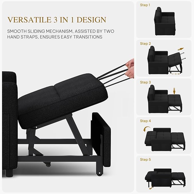 DWVO 55 Convertible Sofa Bed 3-in-1 Sleeper Sofa with Pull-Out Bed Linen Futon Couch with Adjustable Backrest and Side Pocket Modern Loveseat for Living Room Apartment Balck