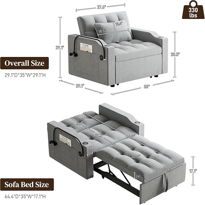 Sleeper Sofa Chair Bed 3 in 1 with Charging Ports Phone Holder &amp Cup Holders - Modern Velvet Convertible Pull Out Single Sofa Bed for Small Spaces Apartment Dorm (Light Gray)