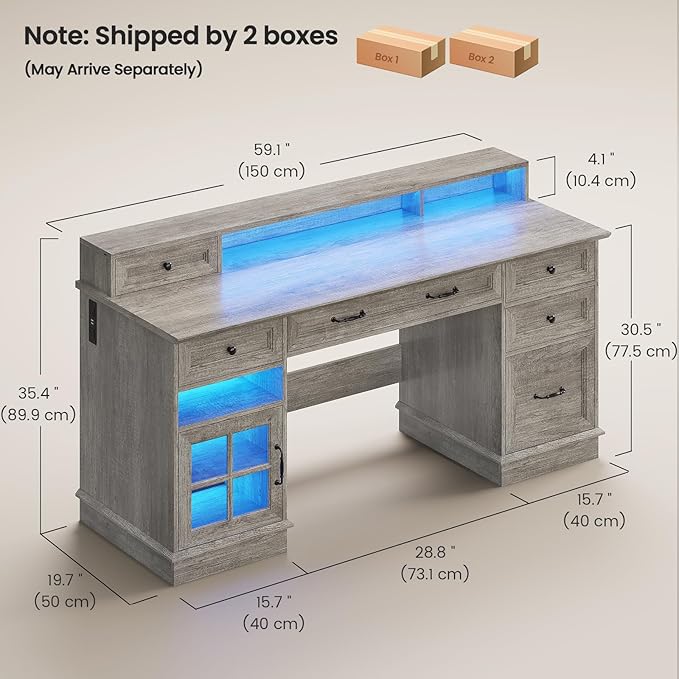 Farmhouse Executive Desk with Drawers Computer Desk with File Drawers Power Outlet and Led Lights Executive Office Desk with Storage Cabinet and Monitor Shelf for Home Office Grey