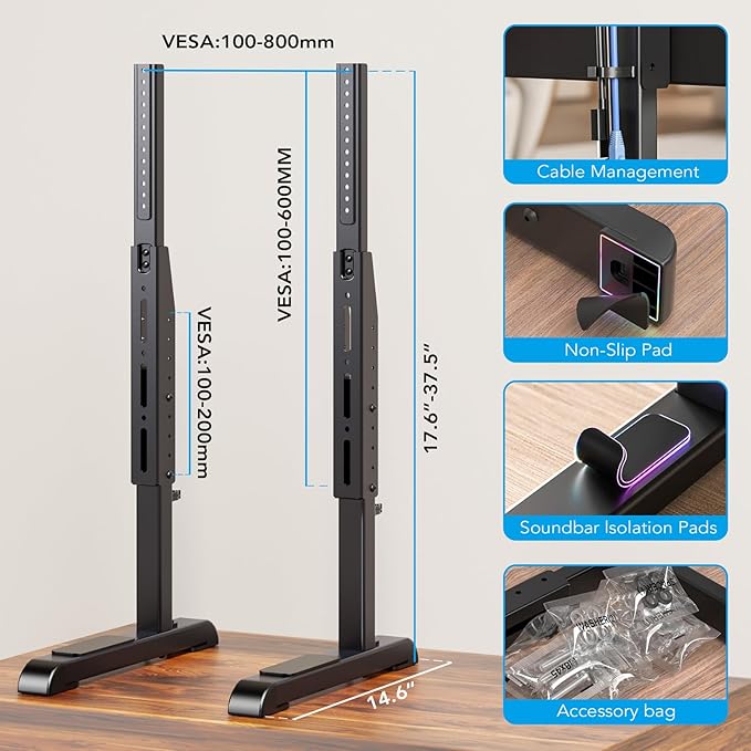 AX WABER Table Top TV Stand with Height Adjustable TV Legs Replacement for Most 37-86 Inch Flat Curved TVsSteel TV Base Feet Holds up to 150 lbs with Cable Management Max VESA 800x600mm Black