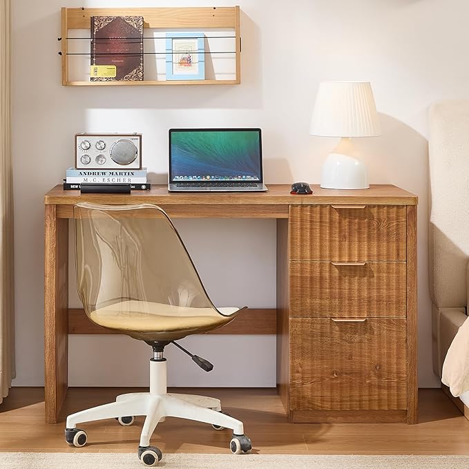 48 Modern Fluted Home Office Desk with Storage Cabinet Brown Wood Executive Desk with File Drawer &amp Golden Handles Large Computer Writing Table for OfficeStudy Living Room Bedroom