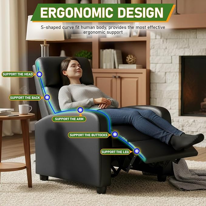 PayLessHere Recliner Chair Single Reclining Sofa Home Theater Seating with Lumbar Support and Padded Backrest for Living Room and Bedroom (Leather Black-Massage)
