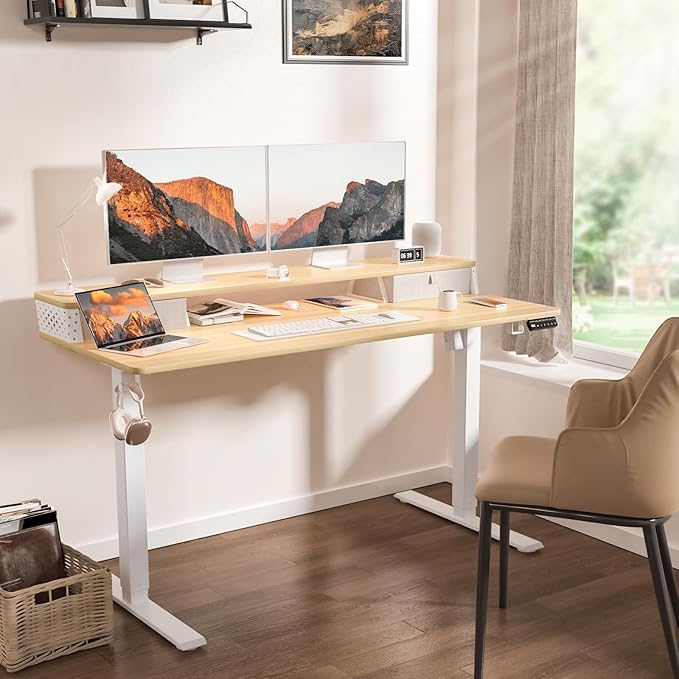 Electric Standing Desk with 2 Drawers 55 x 24 Adjustable Height Computer Desk Ergonomic Sit Stand Desk for Home Office (Nature)