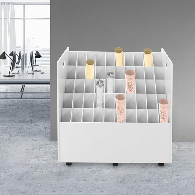 Mobile Blueprint Storage Cabinet 50-Slot Roll File Organizer Movable File Storage Cart Up to 66.14lbs Capacity 5 Tiers Roll Files Storage Mobile Blueprint Holder for Office and Home