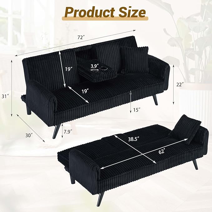 72 Modern Corduroy Sofa Bed FutonConvertible Sleeper Couch Bed with Cup Holder4 Reclining PositionsFolding Sofa Cloud Loveseat for Small Living Room Apartment Office (Black-New)