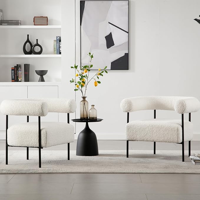 Wahson Modern Accent Chair with Black Metal Legs Boucle Upholstered Barrel Chair with Curved Backrest Small Reading Chair for Living Room/Bedroom/Office White