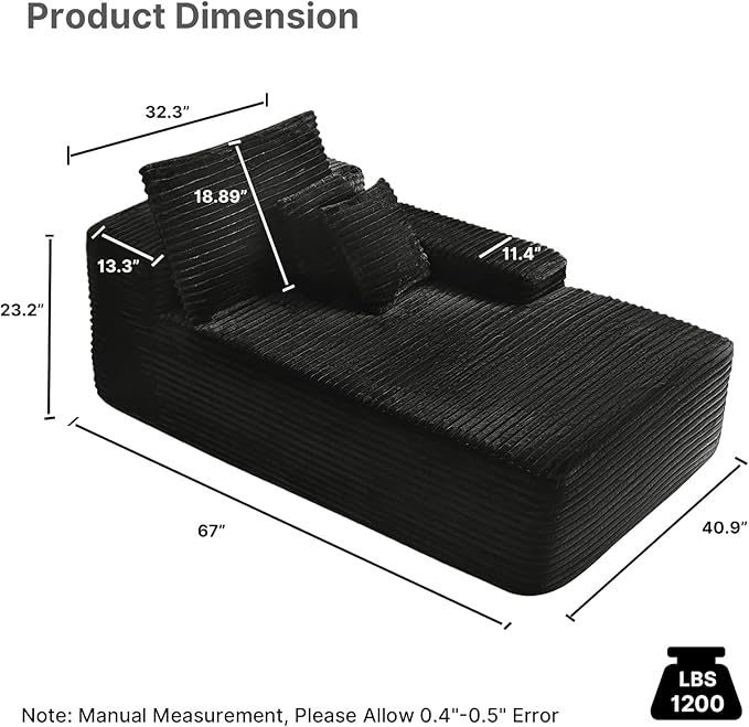 41 Oversized Chaise Lounge Chair Indoor Black Corduroy Boneless Sofa Bed Comfy Cloud Couch Sectional Couches for Living Room Bedroom No Assembly(Left)