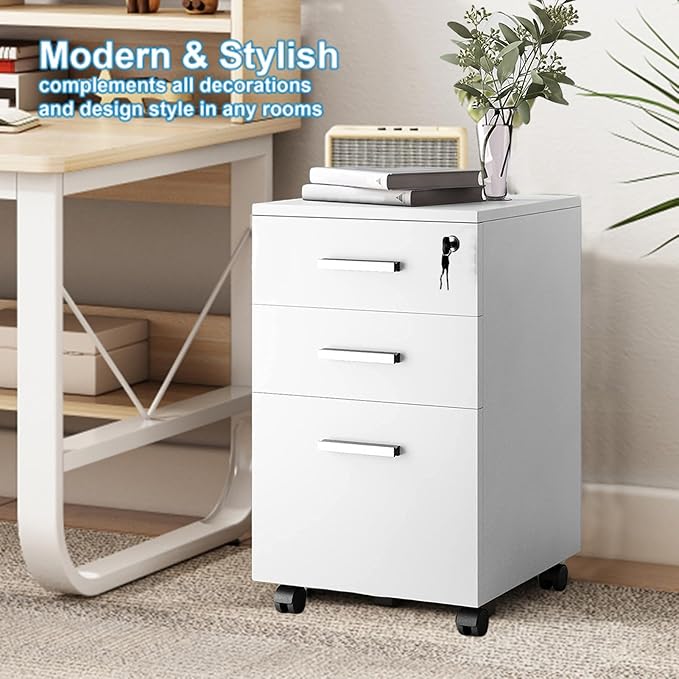 Mobile File Cabinet with 3 Drawers Rolling Storage Organizer with Lock Printer Stand with Spacious Top Under Desk Filing Cabinet for Home Office 15.76 x 14.97 x 26.79