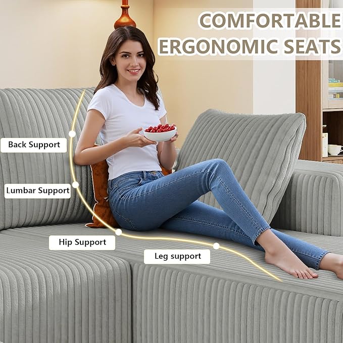 96 Cloud Sectional Couch with L-Shaped Chaise Modern Corduroy Sectionals Couches with Deep Seat Boneless Sofa 3 Seater for Living Room No Assembly Required (Light Grey Right Facing Chaise)