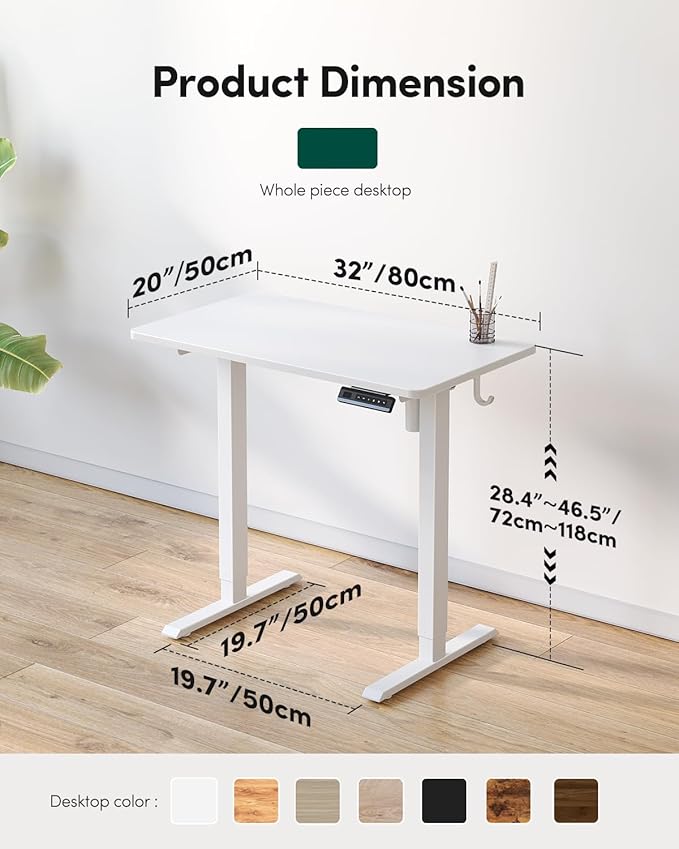 CubiCubi 32 x 20 Small One-Piece Standing Desk Adjustable Height Electric Computer Home Office Sit Stand up Workstation with 4 Memory Presets Headphone Hook White