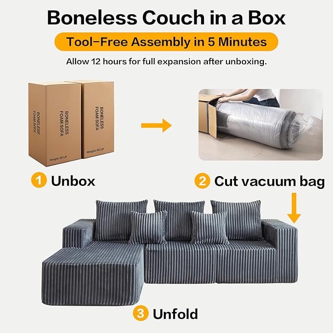 Boneless Couch 101 Cloud Sectional Sofa with L Shaped Chaise Deep Seat Sofa in a Box with 3 Modular Sections Modern Corduroy Comfy Couch for Living Room Grey