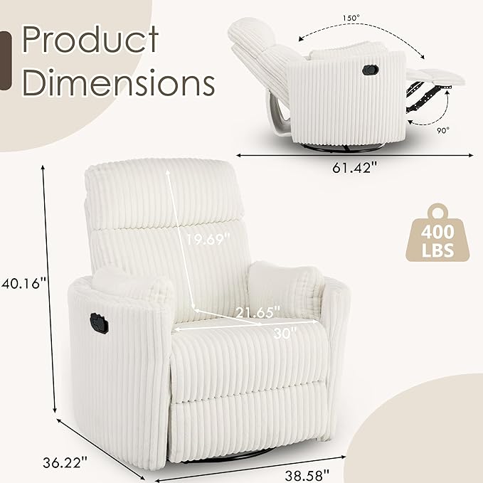 Nursery Rocking Chairs Comfy High Back 360 Swivel Rocker Recliner with 2 Pillows Glider Recliner Nursery Chair for Adults Small Spaces Nursing Bedroom Living Room Beige
