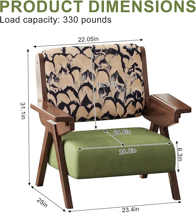 Accent Chair Mid Century Modern Chair Velvet Upholstered Lounge Arm Chair with Solid Wood Cozy Reading Chair for Living Room Bedroom Balcony (Feather Print Single Chair)