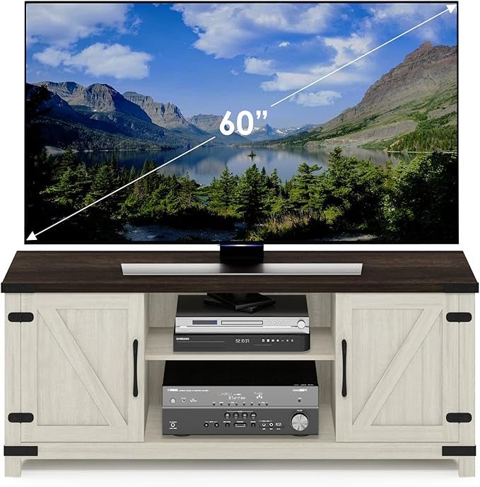 Furinno Jensen Farmhouse Barn Door Living Room TV Stand with Storage Cabinets for TV up to 70 Inch Ebony/White Wash